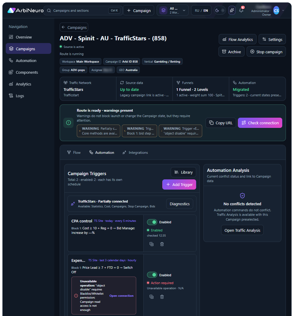 Current ArbiNeuro automation screen with campaign triggers, conditions, actions, and schedules