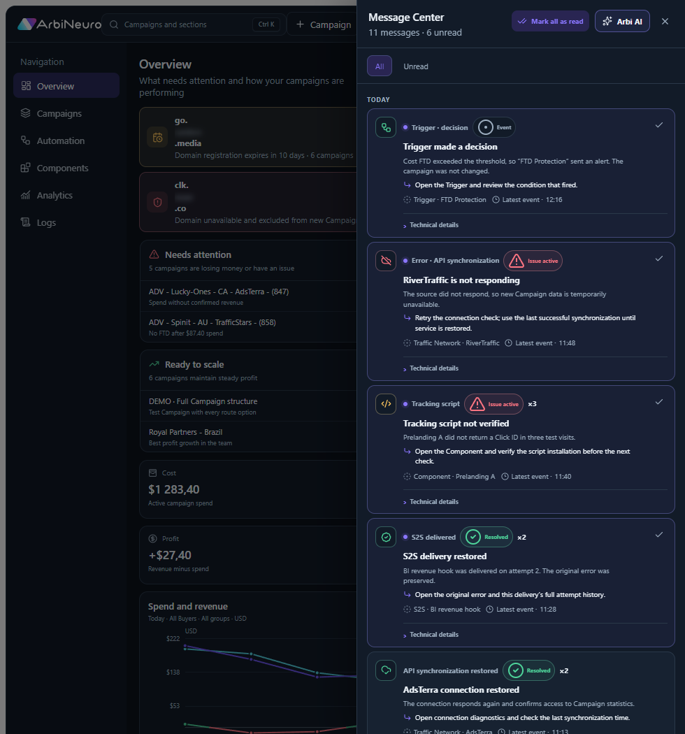 Current ArbiNeuro notification center with trigger, S2S, tracking, API, route, and access events