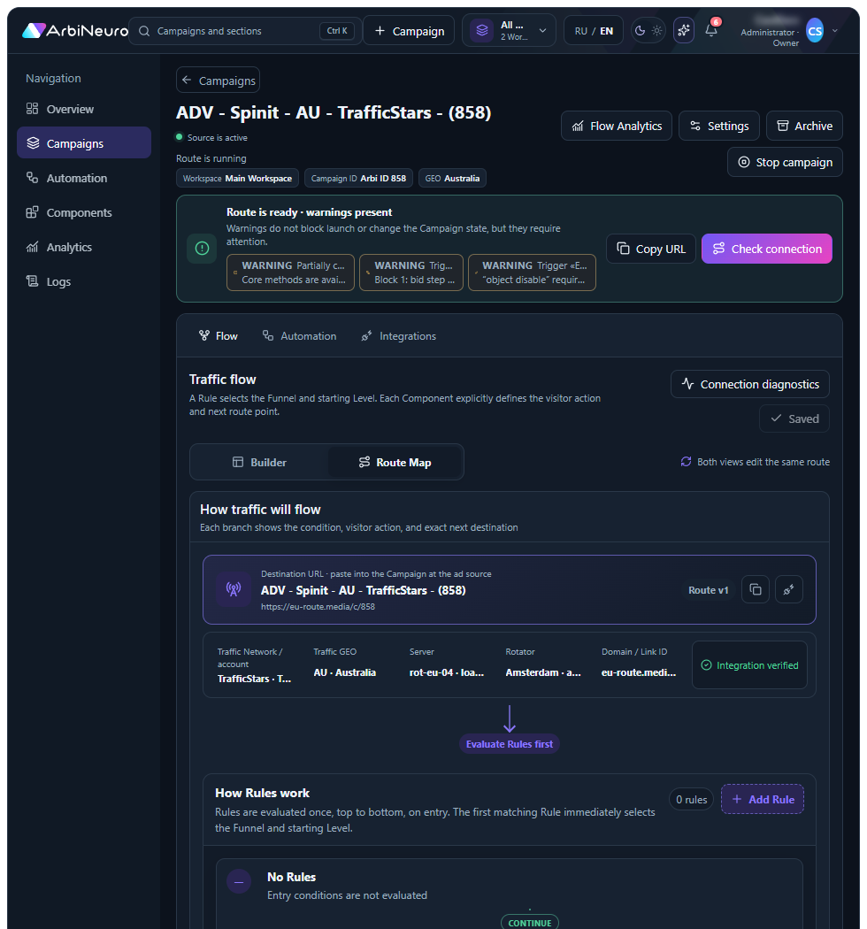 Current ArbiNeuro campaign route builder with funnels, levels, components, weights, and routing rules